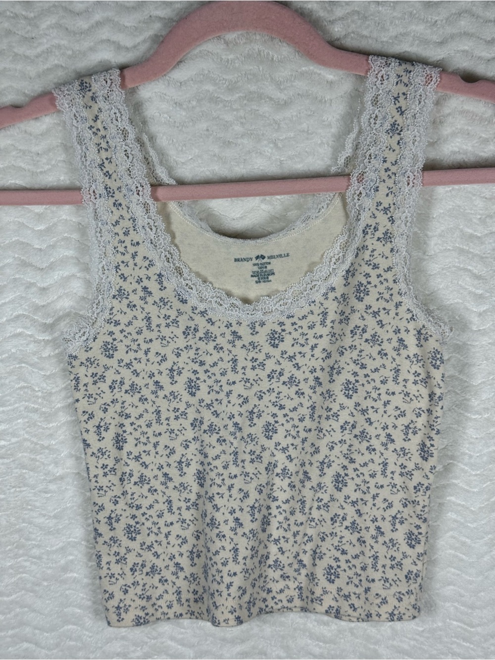 Brandy Melville Cream Tank with Blue Floral Print and Lace Trim